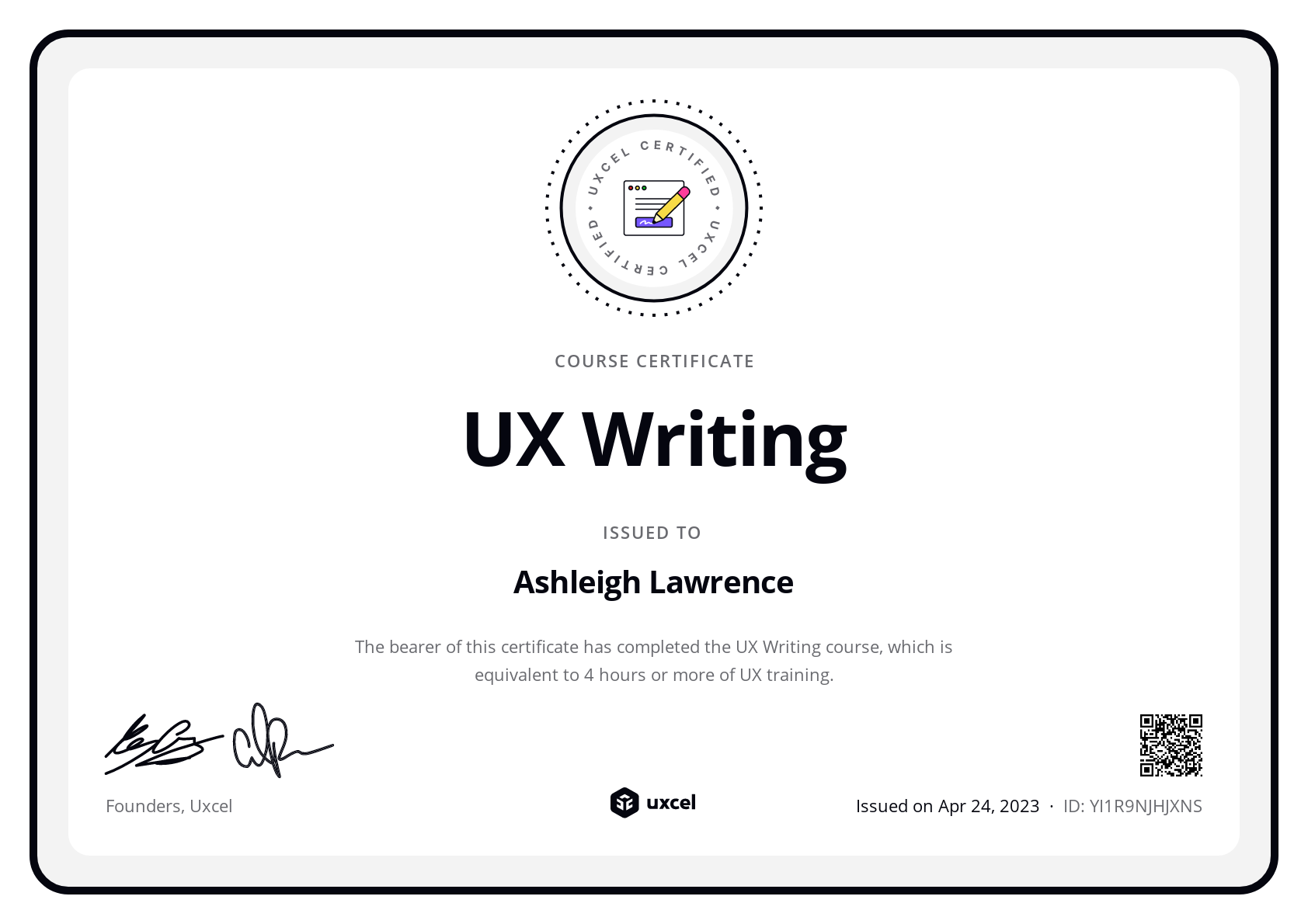 Ashleigh Lawrence's certificate